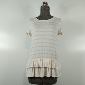 Les Amis ivory & pink striped ruffle flounce short sleeve top